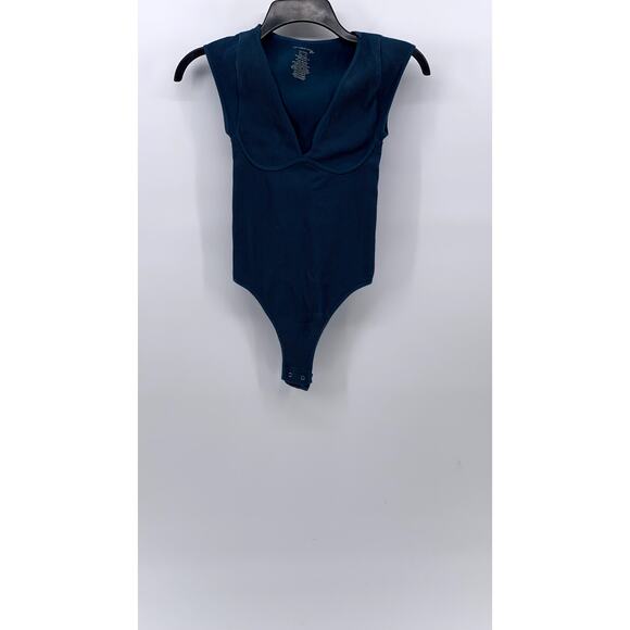 FREE PEOPLE INTIMATELY Women's Blue Ribbed V-Neck Cap Sleeve Bodysuit SZ XS/S - Picture 1 of 11
